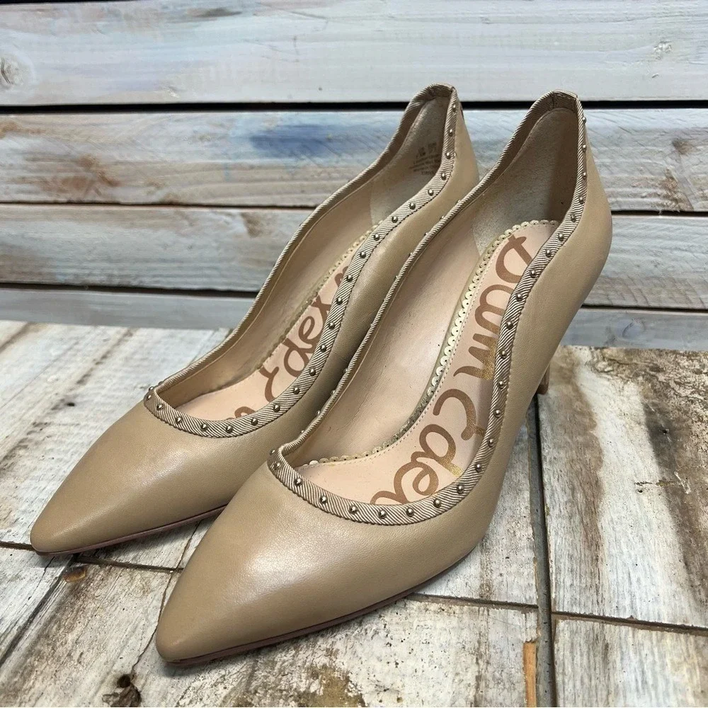 Sam Edelman Nude Leather Pointed Toe Stud Trim Tiana Pumps‎ Heels 7.5